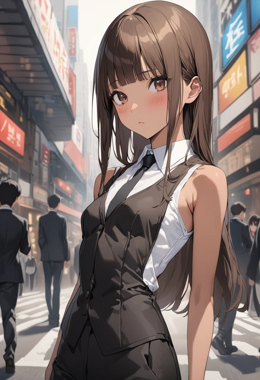 ((masterpiece,best quality anime,Highest quality:1.3)),realistic,upper body,23-year-old beauty,独奏,1woman,((very small head:1.3)),((very long body:1.2)),ideal ratio body proportions,(tan skin),brown hair,bangs,straight long hair,gorgeous eyes,brown eyes,blush,(Black formal suit、Black tie),White collared shirt、((slender body,skinny,toned body)),small breasts,gleaming skin,、on street,Shibuya Station、、