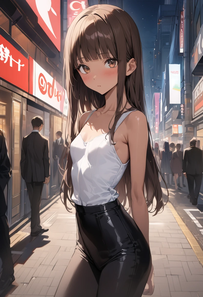 ((masterpiece,best quality anime,Highest quality:1.3)),realistic,upper body,23-year-old beauty,独奏,1woman,((very small head:1.3)),((very long body:1.2)),ideal ratio body proportions,(tan skin),brown hair,bangs,straight long hair,gorgeous eyes,brown eyes,blush,(Black formal suit、Black tie),White collared shirt、((slender body,skinny,toned body)),small breasts,gleaming skin,、on street,Shibuya Station、、