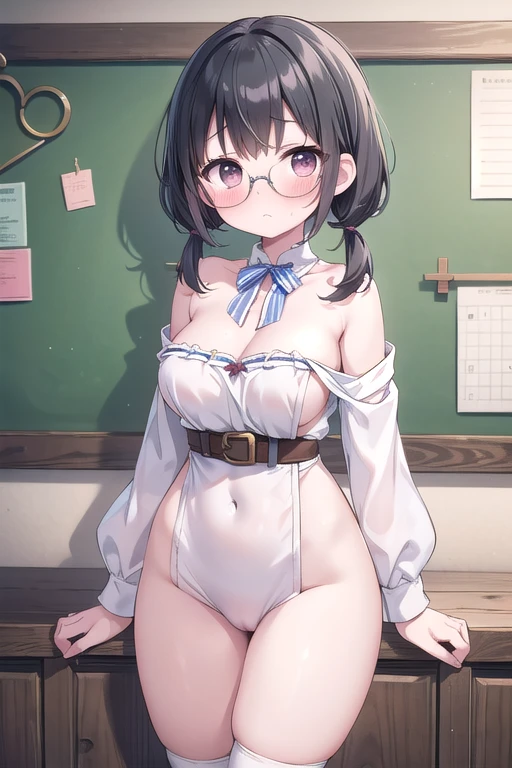 1 Cute naughty peasant girl, Pastel colors hair, medium breasts, Thighs, black hair, short hair, (low twintails), glasses, standard height, (anxious face:1,2、blush:1.2, quiet personality:1.2, shy), (naked), at the adventurer's guild, A bulletin board with posted paper