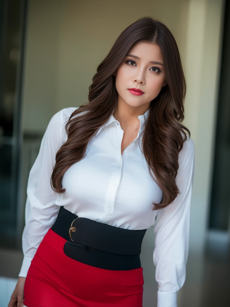 1girll, (Best quality, Masterpiece, Ultra-high resolution, 4K, hdr, hyper HD, 64k), (Photorealistic:1.3, Realistic:1.3),Card games, Lens 135mm,F1.8, Depth of field,Floating hair, Long hair, Dark brown hair,(fitting_Room), Cowboy shot,([Pink]collared_shirt, [Red]Tight_Skirt, [black]Pantyhose), standing, (Large breasts), (full bodyesbian:1.3), model posing, From below,fit and  body, Busty,