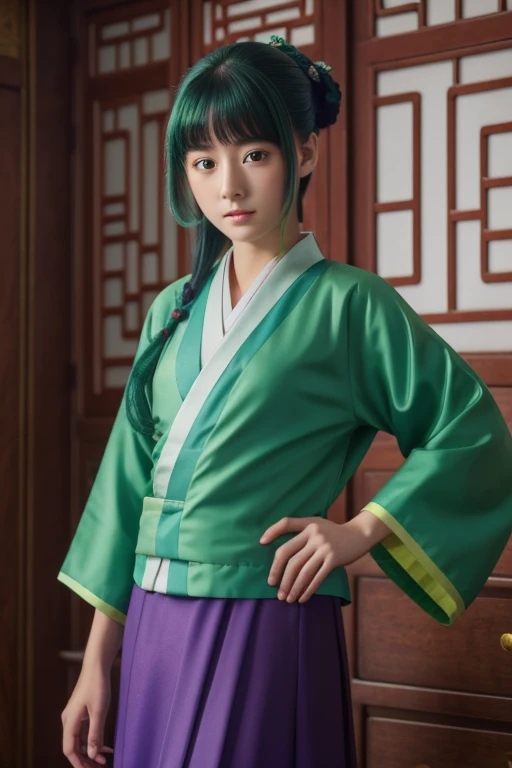 Highest quality, 8ก, Very detailed, Imaginary image, 1 girl,15 years old, as a whole, Chinese style kimono, Green jacket, Purple long skirt, blue eyes, Green Hair
