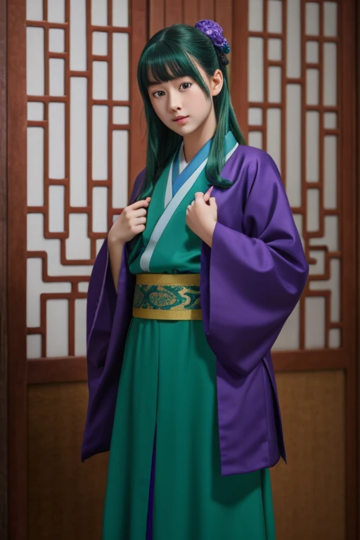 Highest quality, 8ก, Very detailed, Imaginary image, 1 girl,15 years old, as a whole, Chinese style kimono, Green jacket, Purple long skirt, blue eyes, Green Hair
