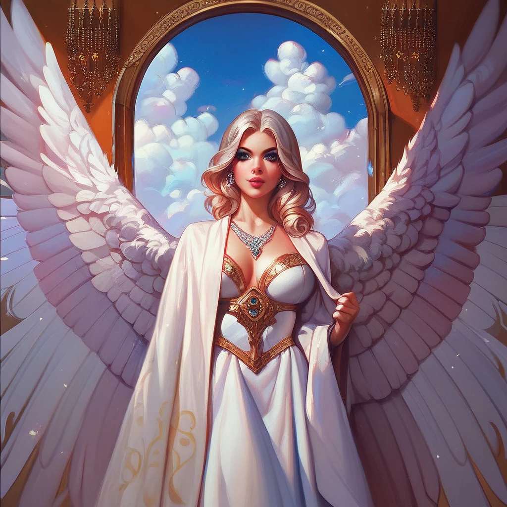 ((raw photo)), ((masterpiece)), anthropomorphic humanoid AngelGirl wearing white noble robe, intricate detail, futobot, intricate Greebles pieces, sky behind, pink, beautiful wings, detailed eyes and lips