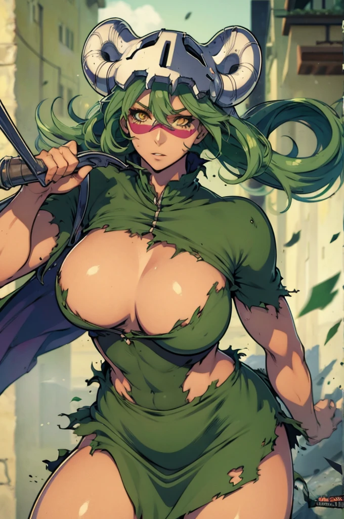 Nell odelschwanck green hair clothes torn under her breasts skirt, greenhair, yellow eyes, bone helmet, perfectbody