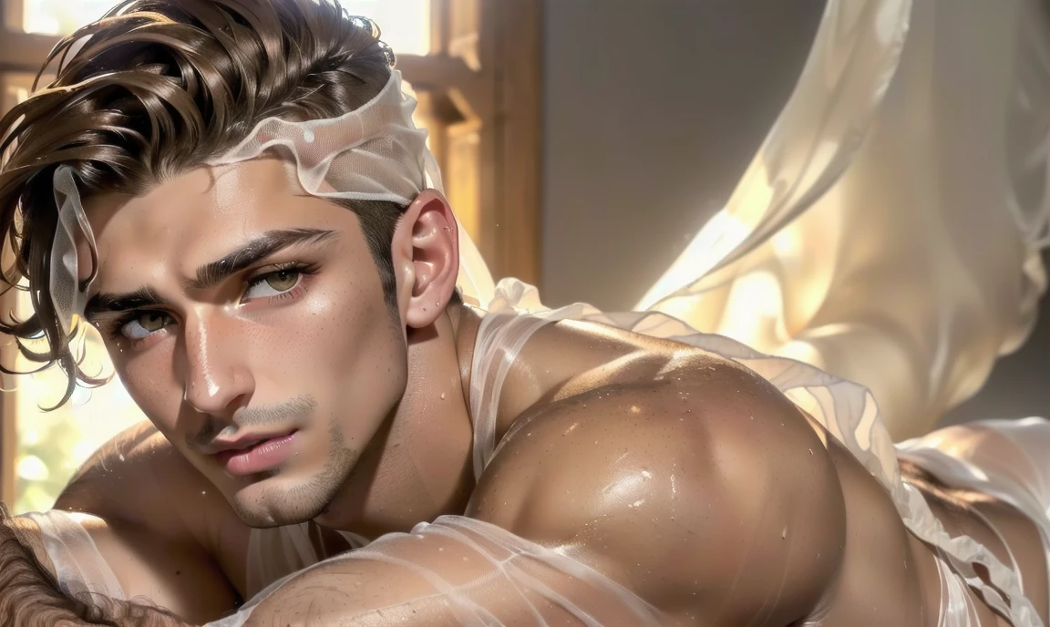 "((highly detailed, detailed eyes, detailed face, clear and realistic facial features, photorealistic, realistic light; cinematic)), (1 man), ((((artist studio background)))), (((23-year-old male))), (((seductive sexy enigmatic gorgeous greek male model))), ((((Greek nose)))), ((strong ethnic Greek appearance)), ((((model is acting enticing)))), ((seductive expression)), (((blushing))), ((short dark hair)), ((((light hazel brown eyes)))), ((olive skin)), (((long dark natural eyelashes))), (((clean-shaven face))), (((posing seductively with body draped in a sheer white silk sheet))."