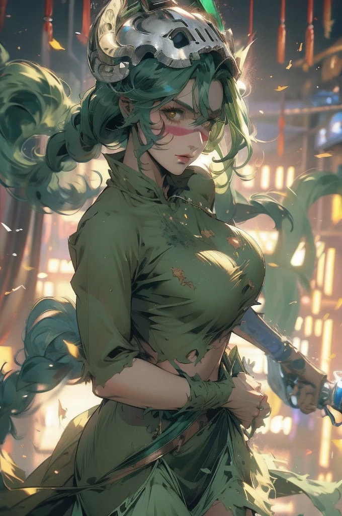 Nell odelschwanck green hair clothes torn under her breasts skirt, greenhair, yellow  eyes, bone helmet, perfectbody