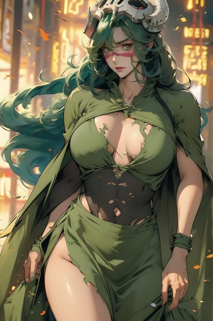 Nell odelschwanck green hair clothes torn under her breasts skirt, greenhair, yellow eyes, bone helmet, perfectbody
