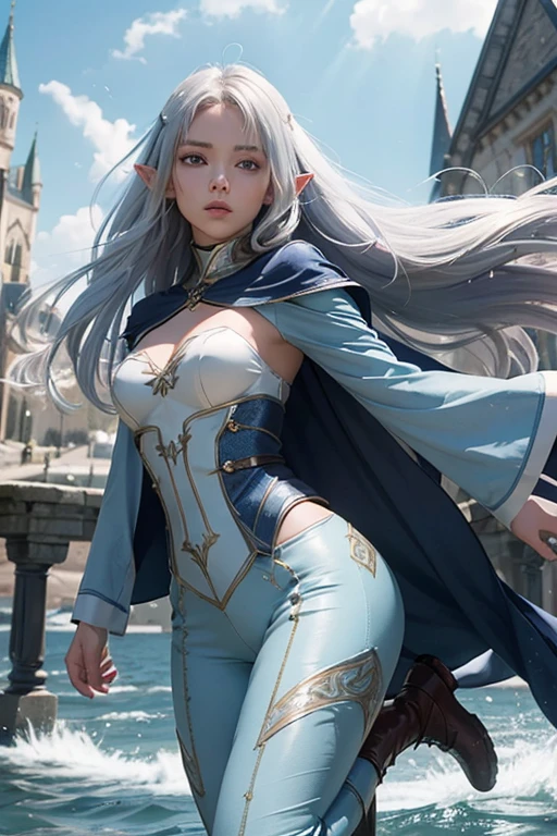Professor Elowen Mistralight, a 25-year-old elf woman, medium height and delicate elf with silver hair, mysterious and penetrating light blue eyes, He wears a robe with patterns of wind and water, tight light blue fabric pants, long, with navy blue riding boots, the boots reach the knee, a magic wand and castle background, anime style. Individual image of her in full body. He is in action pose. Has one leg raised with the knee bent, His mouth is slightly open as if he had exercised a lot.. He has light skin. She has her hair down and blowing in the wind.. feminine and sexy body.