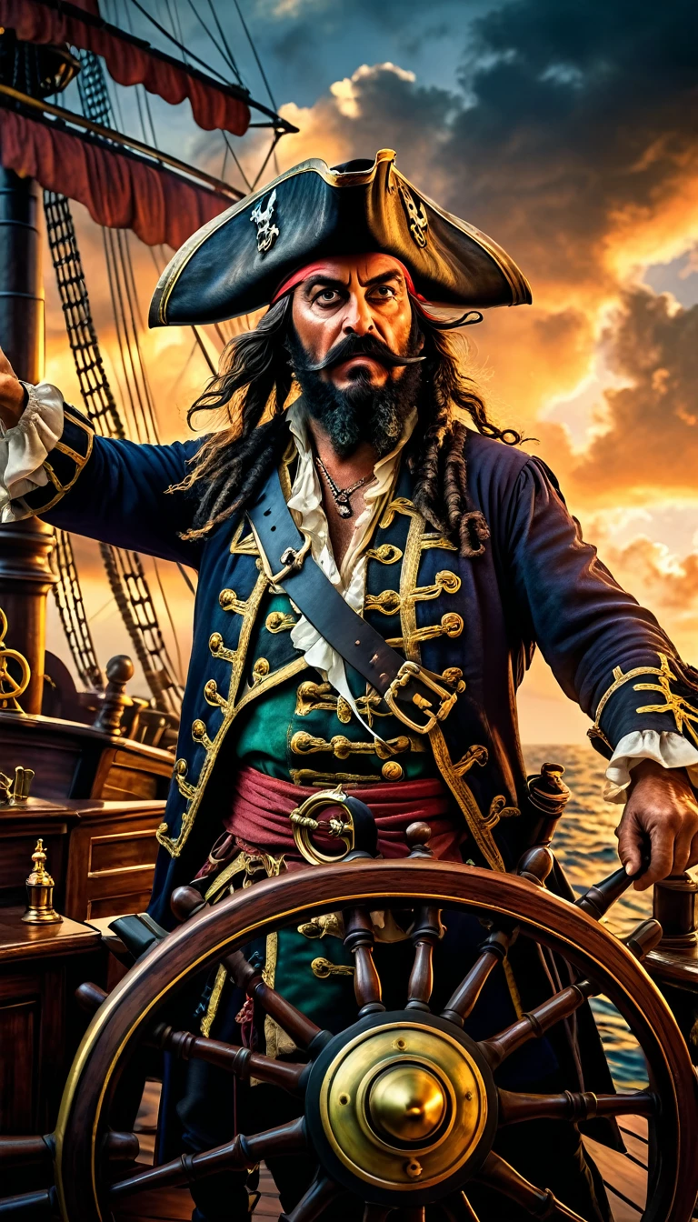 a legendary pirate, Edward Teach, Blackbeard, full body shot, holding the steering wheel of a pirate ship with one hand, pointing to the target of cannon fire with the other hand, naval duel of pirate ships, detailed pirate ship, detailed old and thorn pirate costume, dramatic lighting, cinematic composition, epic scale, moody color palette, dramatic clouds, volumetric lighting, photorealistic, highly detailed, 8k, best quality, masterpiece