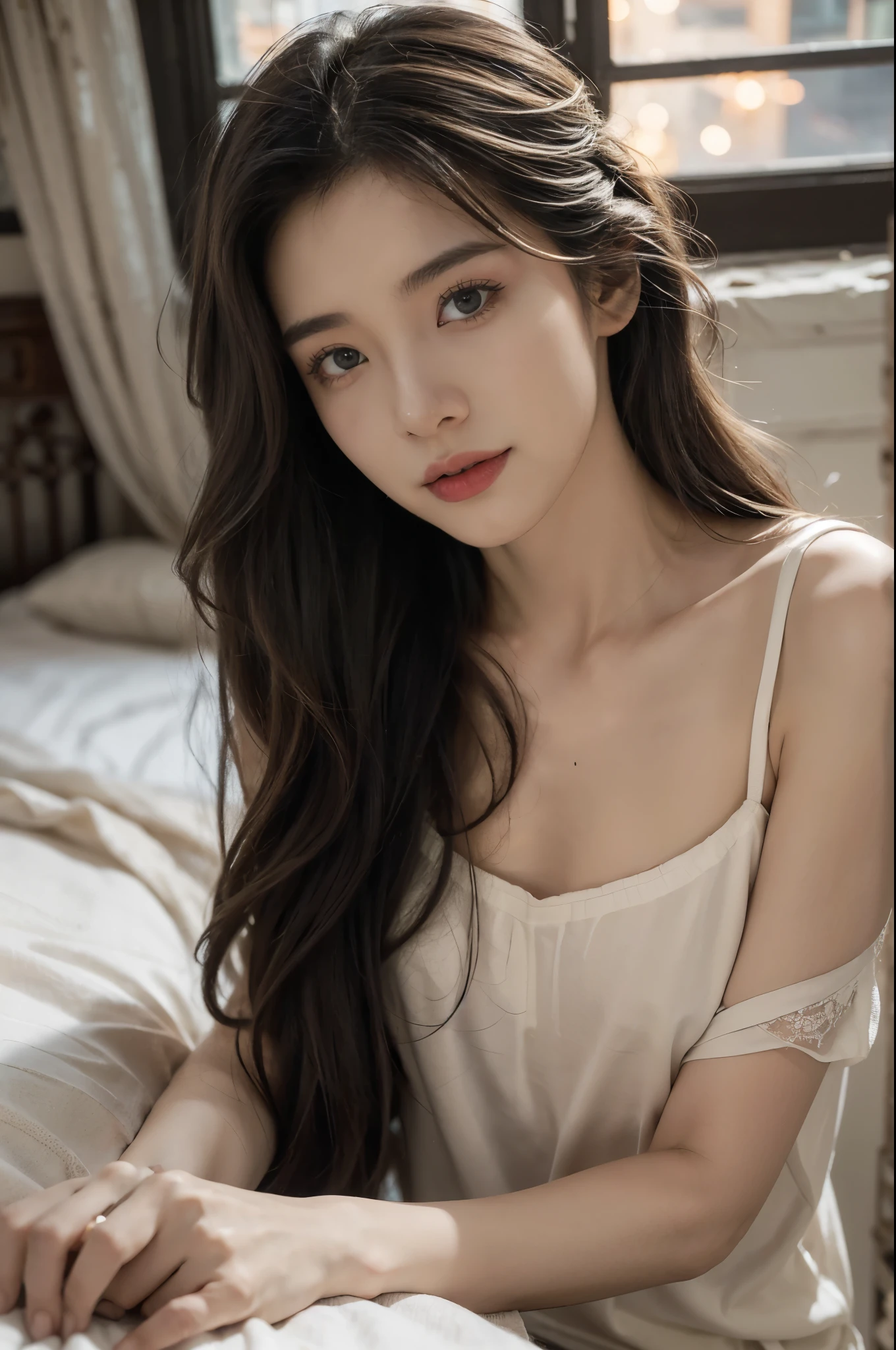 (((best quality))), (((ultra detailed))), (((masterpiece))), illustration,((a beautiful girl,solo)),(collarbone length straight hair:1.3),((slim,thin)),((small ,flat chest)),window, city view, twinklights,(torn tattered short-sleeved nightgown:1.3), delicate skin, faded walls, peeling paint, dusty carpet,(sitting on the restless bed:1.3),(Eiffel Tower:1.3), majestic, twinkling li awe, hint of smile, reaching out, tracing outline, magic moment, peace, chaos below, solace, solitude, vision of beauty, tranquility, rough surroundings, edgy beauty, resilience, strength, outlined eyes, hidden fire, soul, million thoughts, dreams, reality blurred,(summer:1.2),(night scene:1.3), vulnerability,beauty of moment, frozen in time, etched in memory,(in dilapidated bedroom:1.3),(rundown hotel:1.3), ((from front,upper body))