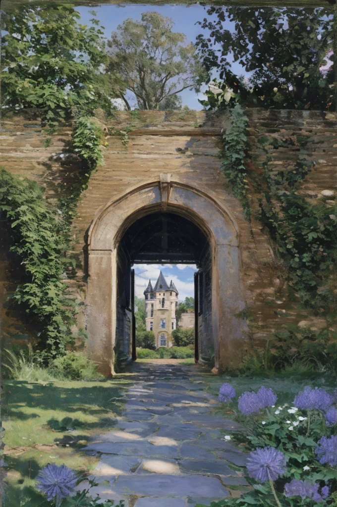 Create a book back cover that continues the dark and mysterious medieval theme of the front cover. The scene is set in the courtyard of a castle at night, with the same stormy, cloud-covered sky seen on the front. The moonlight is faint, casting long, soft shadows across the cobblestone ground. In the foreground, there is a stone well with ivy creeping up its sides, and beside it, a small cluster of blue thistle flowers, their vibrant blue and violet hues standing out against the muted colors of the stone and greenery. The courtyard is framed by tall, weathered castle walls, with a large, wooden door slightly ajar, suggesting an invitation or a mystery beyond. The atmosphere is quiet and eerie, with a sense of something hidden or waiting to be discovered. The book’s synopsis is placed in the center, written in a clear, Gothic-style font that matches the front cover, with a simple medieval border around it to frame the text.