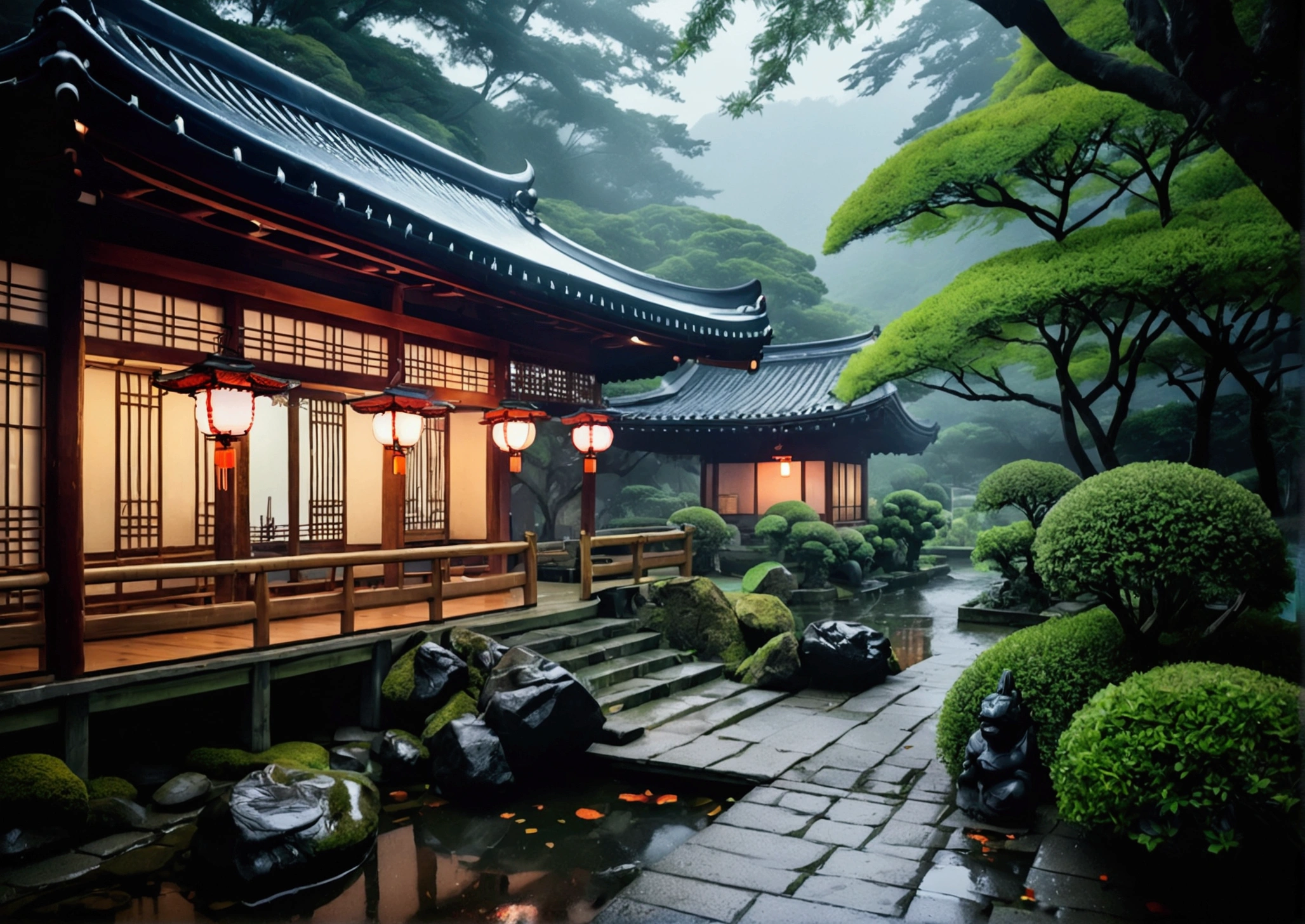 a traditional Japanese temple surrounded by lush, misty gardens with ponds and stone paths. The temple has ornate roofs and lanterns, set against a backdrop of mountains and stormy skies