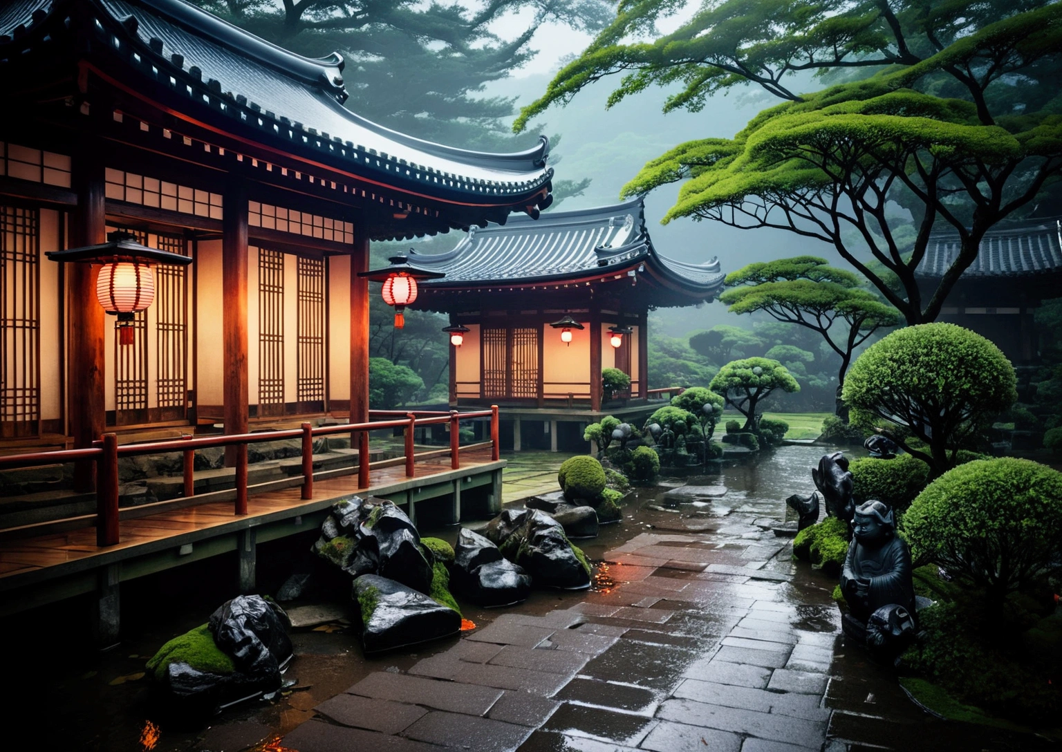 a traditional Japanese temple surrounded by lush, misty gardens with ponds and stone paths. The temple has ornate roofs and lanterns, set against a backdrop of mountains and stormy skies