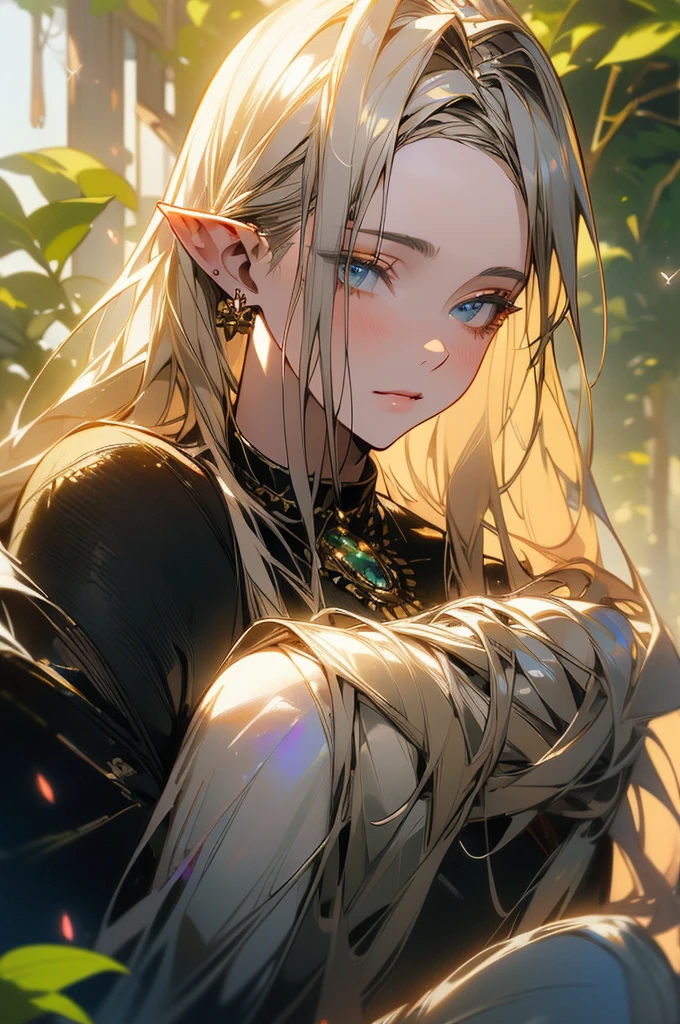 One gentleman、Highly detailed eyes and face、Beautiful Elf、Long pointy ears、Porcelain Skin、Flowing silver hair、Elegant headdress、Glamorous golden jewels、Detailed fantasy armor、Elegant black suit、Ethereal look、Mysterious forest background、Sunlight filtering through the leaves、Lush greenery、Bright colors、Intricate details、(Highest quality、8k、High resolution、masterpiece:1.2)、Super detailed、(Real、Photorealistic、Photorealistic:1.37)、Fantasy Art、Digital Painting、Cinematic lighting