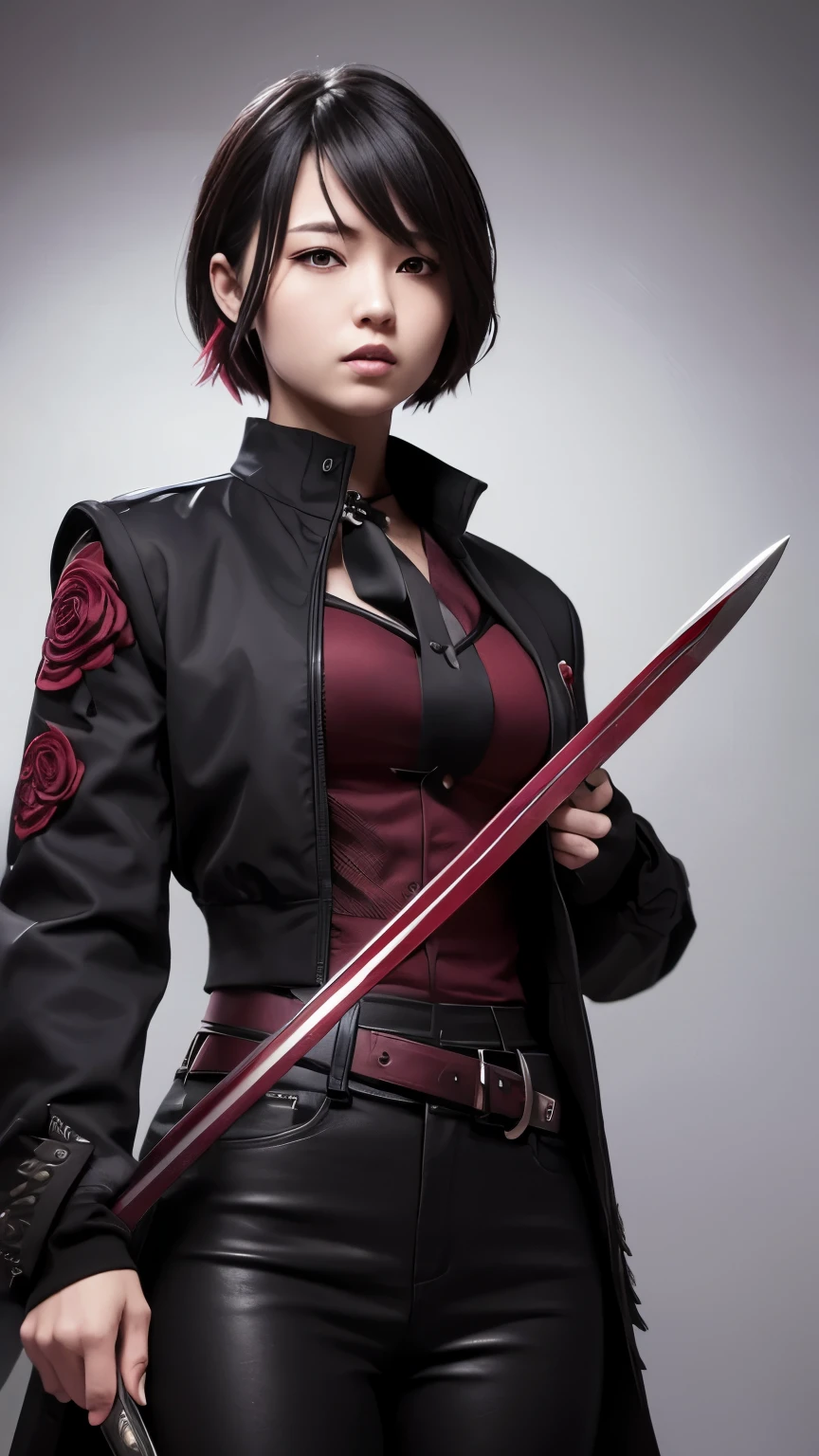 Female swordsman with a sword、Black jacket、Black tight pants、Wine red vest、Black Cutter Shirt、Wine red tie、Wine red, slightly short hair、White background、There is a rose on the dress