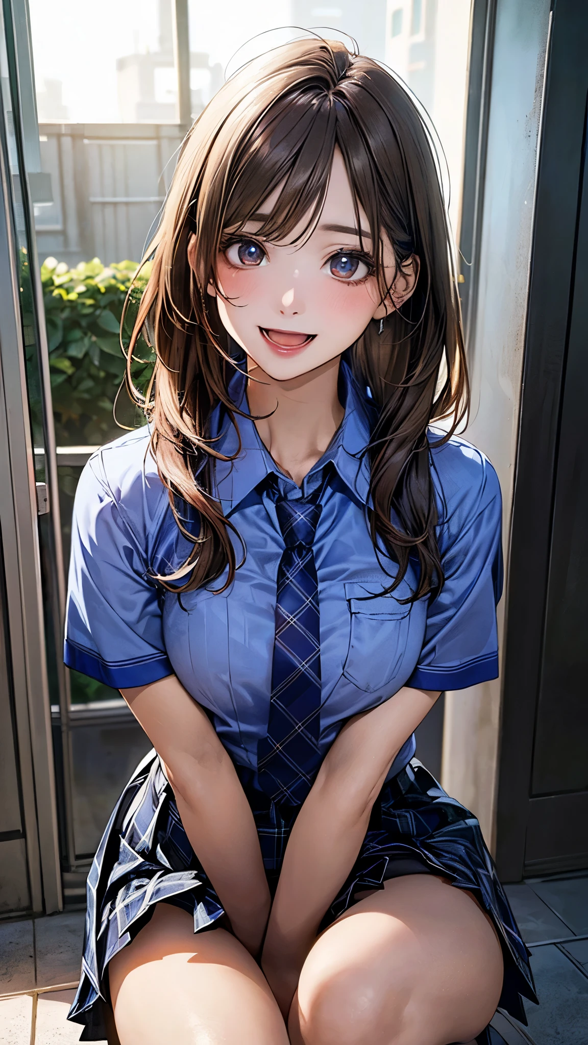 (masterpiece:1.2, top-quality), (realistic, photorealistic:1.4), beautiful illustration, (natural side lighting, movie lighting), depth of fields, nsfw,
beautiful detailed hair, beautiful detailed face, beautiful detailed eyes, beautiful clavicle, beautiful body, beautiful chest, beautiful thigh, beautiful legs,
looking at viewer, 1 girl, , (perfect anatomy, anatomically correct, super detailed skin), cute and symmetrical face, perfect face, perfect eyes, perfect fingers, five fingers,
(long hair, straight hair, light brown hair), braided bangs, break light brown eyes, big eyes, (medium breasts, seductive thighs), perfect body, shiny skin, pink skin,
(detailed cloth texture), break (((short sleeve black collared shirt))), break (((cobalt blue plaid pleated skirt))), break (((cobalt blue plaid tie))), break
(beautiful scenery), morning, (park:1.2), squatting, (lovely smile, upper eyes, open mouth),