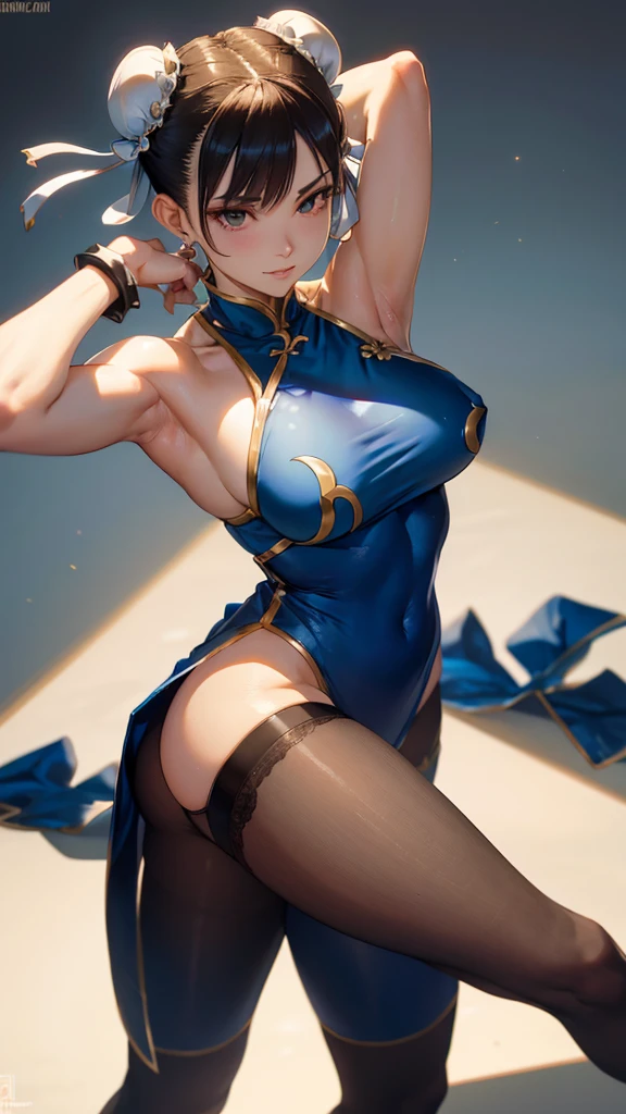 juri han,,viewed from the top,looking from above,staring overhead,best qualityer,blue outfit,chun li,solo, masterpiece, best quality, agrias, grey sweater, black leotard, standing, looking at viewer, short hair,The eyes,evil smile, evil look,black gloves,blue outfit,yandere face,low lighting,healed thigh detailed cup,looking forward jury han,Bela,detailed hand(((showing armpits)))