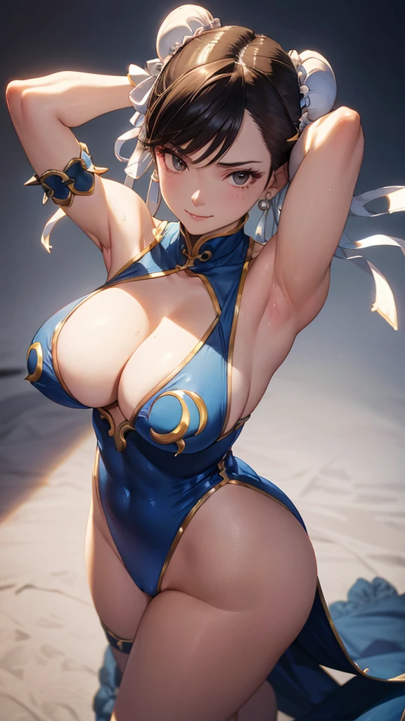 juri han,,viewed from the top,looking from above,staring overhead,best qualityer,blue outfit,chun li,solo, masterpiece, best quality, agrias, grey sweater, black leotard, standing, looking at viewer, short hair,The eyes,evil smile, evil look,black gloves,blue outfit,yandere face,low lighting,healed thigh detailed cup,looking forward jury han,Bela,detailed hand(((showing armpits))) 
