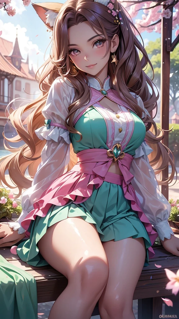 (best quality,4k,8k,highres,masterpiece:1.2),ultra-detailed,(realistic,photorealistic,photo-realistic:1.37),acrylic painting,beautiful Brazilian model in a uniform outfit with downy hair,beautiful Brazilian model with extremely colorful brown hair and detailed facial features,beautiful Brazilian model standing in a beautiful garden surrounded by a starry sky,brown hair,beautiful Brazilian model wearing a vibrant pink and teal uniform outfit,beautiful Brazilian model with intricate accessories,cat ears, ,beautiful Brazilian model with long flowing twintails,beautiful Brazilian model with bright brown eyes and rosy lips,beautiful Brazilian model with a joyful expression,beautiful Brazilian model in a dynamic pose with cherry blossoms falling around her,beautiful Brazilian model surrounded by colorful flowers and butterflies,beautiful Brazilian model's school uniform outfit adorned with cute bows and lace details,beautiful Brazilian model with an enchanting smile,beautiful Brazilian model with soft, pastel-colored shading,beautiful Brazilian model with a magical glow illuminating her,beautiful Brazilian model in a picturesque setting with a winding path leading to a magnificent castle,beautiful Brazilian model with a fairytale-like background,beautiful Brazilian model with a soft, dreamy atmosphere,beautiful Brazilian model with a subtle bokeh effect,beautiful Brazilian model standing under a sunny sky,beautiful Brazilian model with a warm, golden sunset in the background,beautiful Brazilian model surrounded by twinkling stars and colorful nebulae,creating an ethereal and captivating artistic masterpiece, sitting down, facing camera.