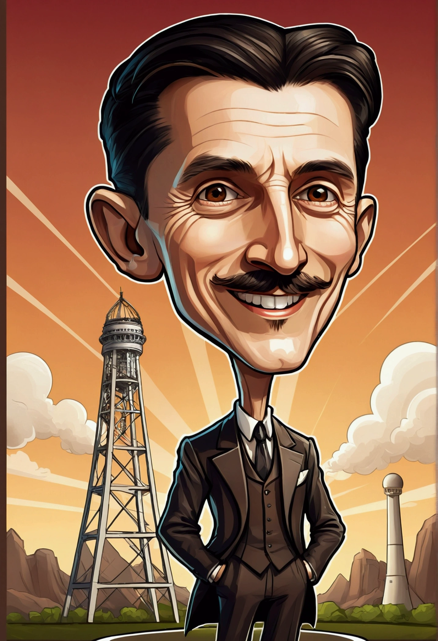 Nikola Tesla smile  standing , a tower tesla's with in the background, caricature style, in cartoon style, big head, standing in , chibi, caricature illustration, caricature!!!, caricature, digital art cartoon, cartoon artstyle,, with a big head, realistic cartoon, charicature, , cartoon portrait