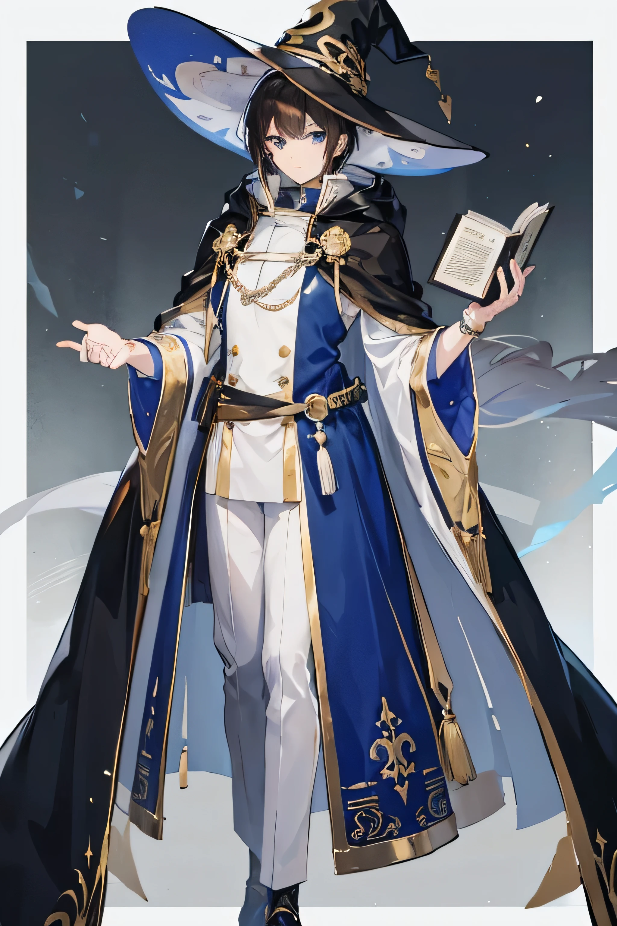 (1 man), anime, anime guy, brown hair with bangs, Highlights are silver., white, Open coat, It has a black sash and a blue hood..., black and gold border, And there is a gold chain attached to the back.., serious, 10, Tall, anime full body illustration, witch hat, book, blind blue eyes