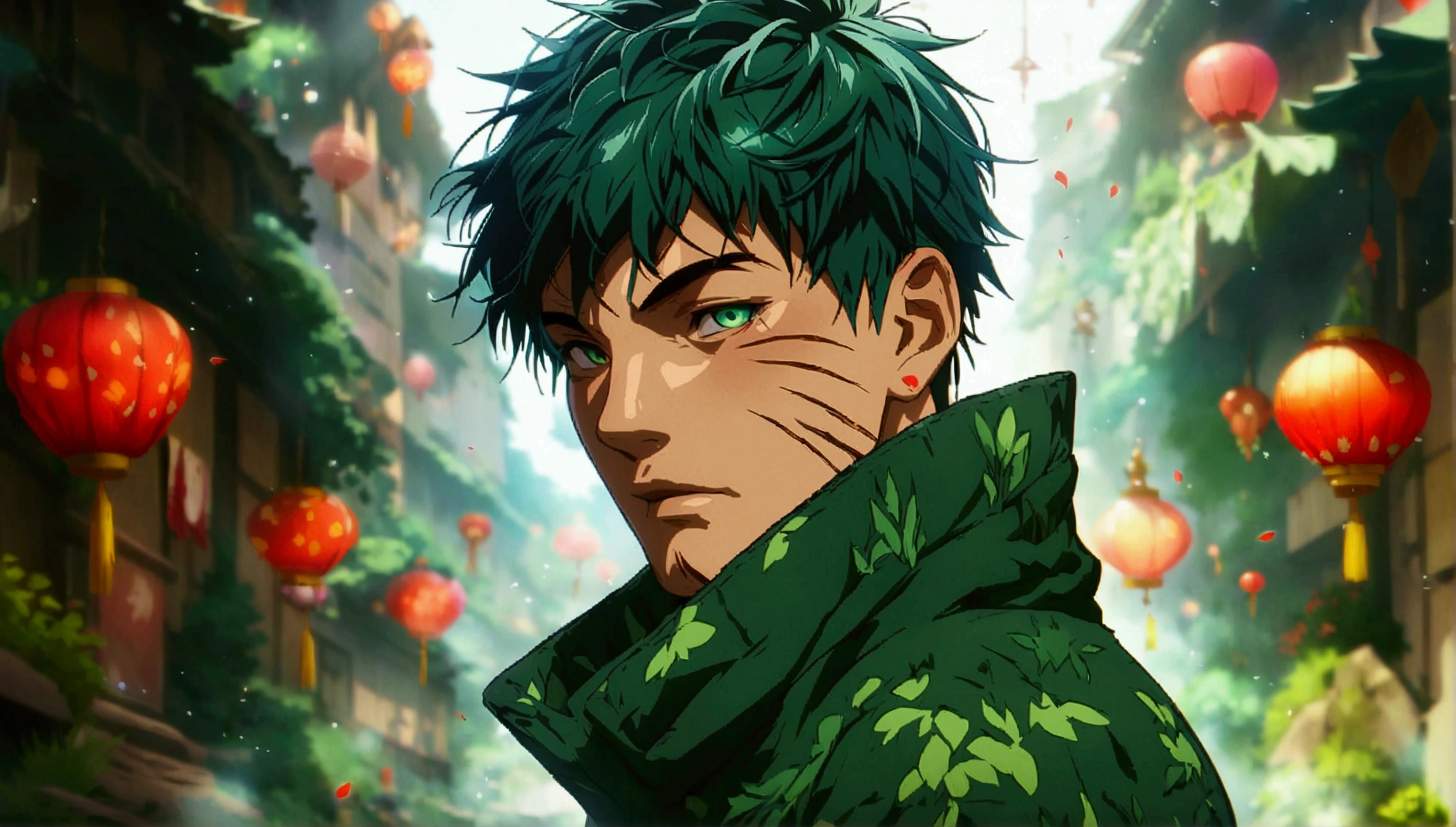 Man, strong and muscular body, short green hair, green eyes, scarred body, dark green coat, Naruto-inspired background, "Anime character design inspired by Naruto, full of dramatic and impressive lighting, focus on the centralized character, impressive face, full of creative details, ultra-fine 2D design, scenery bathed in creativity, boasting 2D anime resolution clarity, HD anime graphics, high-octane rendering"