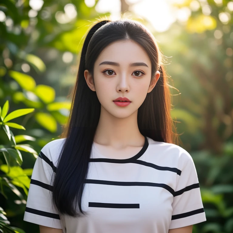 An Araf girl wears a red round-neck t-shirt., Portrait in the middle of a shot, Portrait 8 k, instagram post, Southeast Asians with round faces, Age 2 4 years, Thai anime,black hair, ponytail,Extra long hair 2 meters, With a torn cropped t-shirt, beautiful female model, Trending on cgstation, วัดChest 36 inches “Very large chest.,, Chest 36 inches “Very large chest., Beautiful digital artและงดงาม, Beautiful digital art
