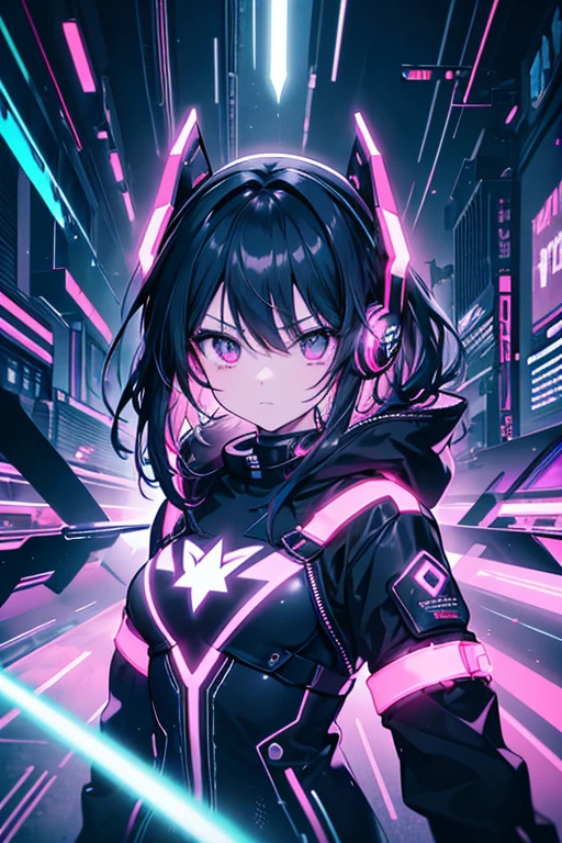 Create a cyberpunk style image with a girl drawn in anime style. She must have long black hair, with a futuristic look and technological clothes full of neon details and circuits. The girl must be represented with typical anime characteristics, like big expressive eyes, stylized facial features and a confident expression. The background should be vibrant and colorful, with a neon color palette that includes purples, bright blues and pinks, and must have rays of light and electrical effects going out in various directions. The scene should reflect the aesthetic of a cartoon, with clear lines and a visually striking and energetic design with headphones enjoying music