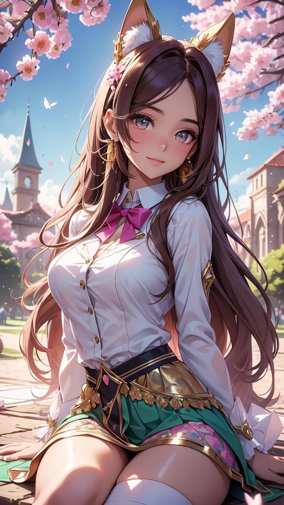 (best quality,4k,8k,highres,masterpiece:1.2),ultra-detailed,(realistic,photorealistic,photo-realistic:1.37),acrylic painting,beautiful Brazilian model in a uniform outfit with downy hair,beautiful Brazilian model with extremely colorful brown hair and detailed facial features,beautiful Brazilian model standing in a beautiful garden surrounded by a starry sky,brown hair,beautiful Brazilian model wearing a vibrant pink and teal uniform outfit,beautiful Brazilian model with intricate accessories,cat ears, ,beautiful Brazilian model with long flowing twintails,beautiful Brazilian model with bright brown eyes and rosy lips,beautiful Brazilian model with a joyful expression,beautiful Brazilian model in a dynamic pose with cherry blossoms falling around her,beautiful Brazilian model surrounded by colorful flowers and butterflies,beautiful Brazilian model's school uniform outfit adorned with cute bows and lace details,beautiful Brazilian model with an enchanting smile,beautiful Brazilian model with soft, pastel-colored shading,beautiful Brazilian model with a magical glow illuminating her,beautiful Brazilian model in a picturesque setting with a winding path leading to a magnificent castle,beautiful Brazilian model with a fairytale-like background,beautiful Brazilian model with a soft, dreamy atmosphere,beautiful Brazilian model with a subtle bokeh effect,beautiful Brazilian model standing under a sunny sky,beautiful Brazilian model with a warm, golden sunset in the background,beautiful Brazilian model surrounded by twinkling stars and colorful nebulae,creating an ethereal and captivating artistic masterpiece, sitting down, facing camera.