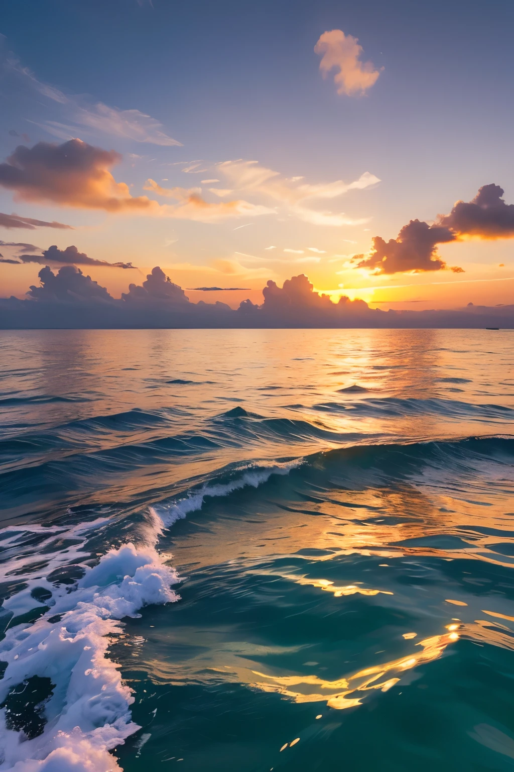 “A hyper-realistic, photographic-quality image focusing on a breathtakingly beautiful ocean during sunset, featuring dolphins. The scene captures crystal-clear turquoise waters with gentle waves, highlighted by the golden hues of the setting sun. The sky is a stunning gradient of deep orange, pink, and purple, with a few scattered clouds adding texture. The foreground includes the serene water with its intricate patterns of ripples and reflections, where playful dolphins are jumping and swimming