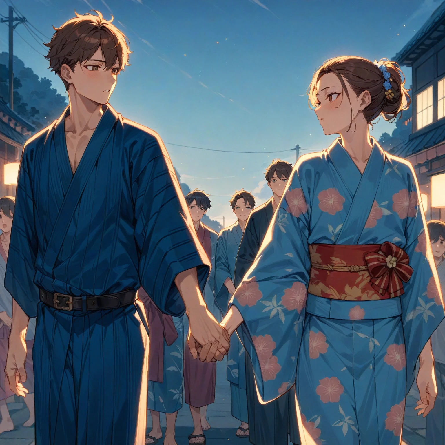 score_9, score_8_up, score_7_up, score_6_up, score_5_up, score_4_up, masterpiece, best quality BREAK 1girl、yukata、Brown Hair、Red belt、Grab my hand BREAK 1boy、青いyukata、Black Belt、Grab my hand BREAK Summer Festival、firework、night