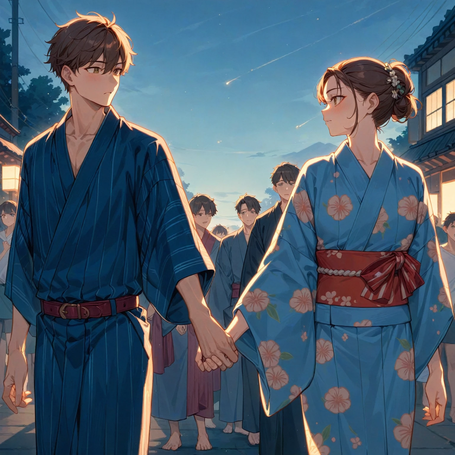 score_9, score_8_up, score_7_up, score_6_up, score_5_up, score_4_up, masterpiece, best quality BREAK 1girl、yukata、Brown Hair、Red belt、Grab my hand BREAK 1boy、青いyukata、Black Belt、Grab my hand BREAK Summer Festival、firework、night