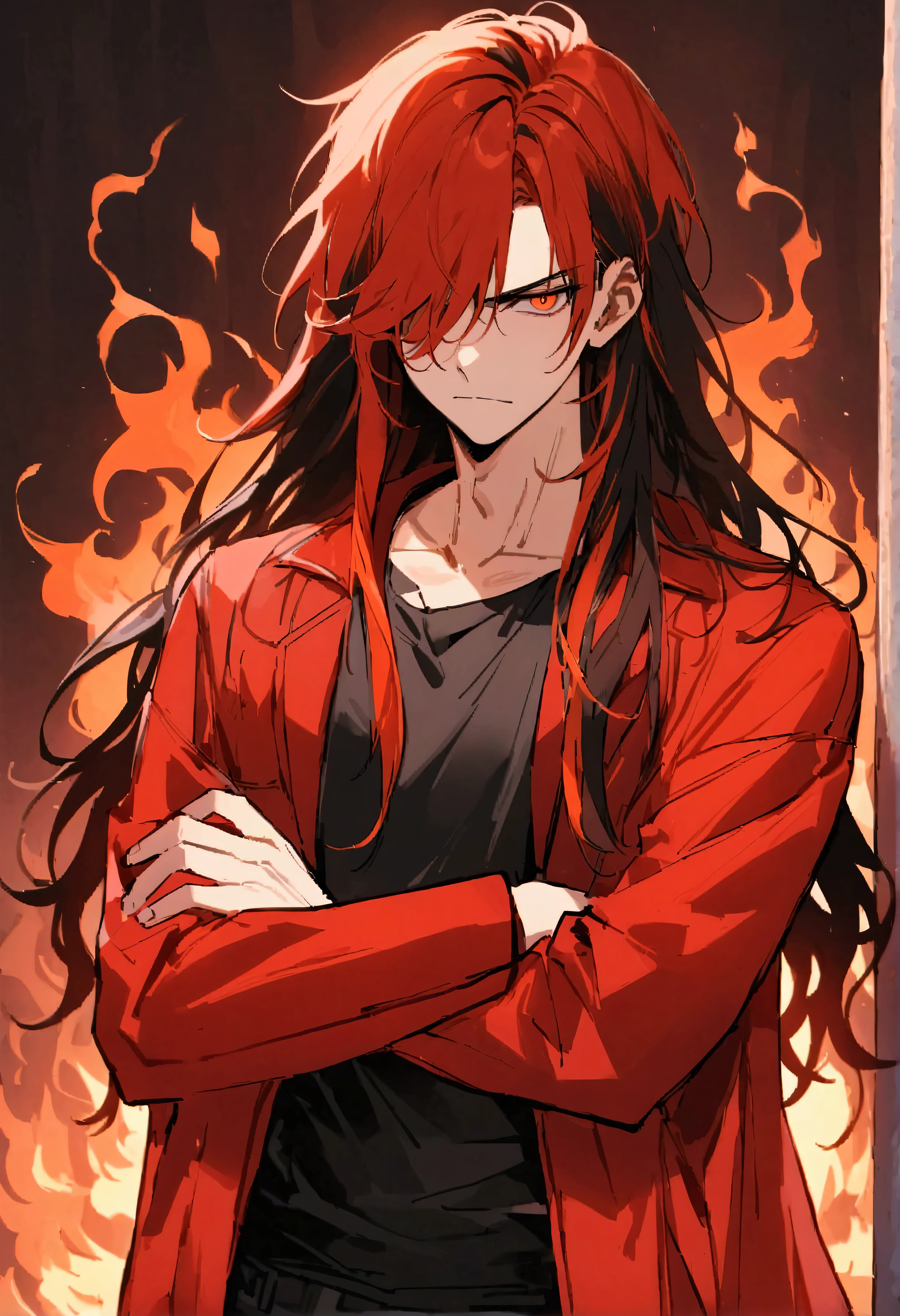 teenage boy, tidy hair, long hair, multicolored black and red hair, long bangs covering the right eye, fire orange eyes, serious face, black casual ripped shirt, red tattoos on the body, dark red coat, crossed arms, aura of flames, best qualityer, lot of details
