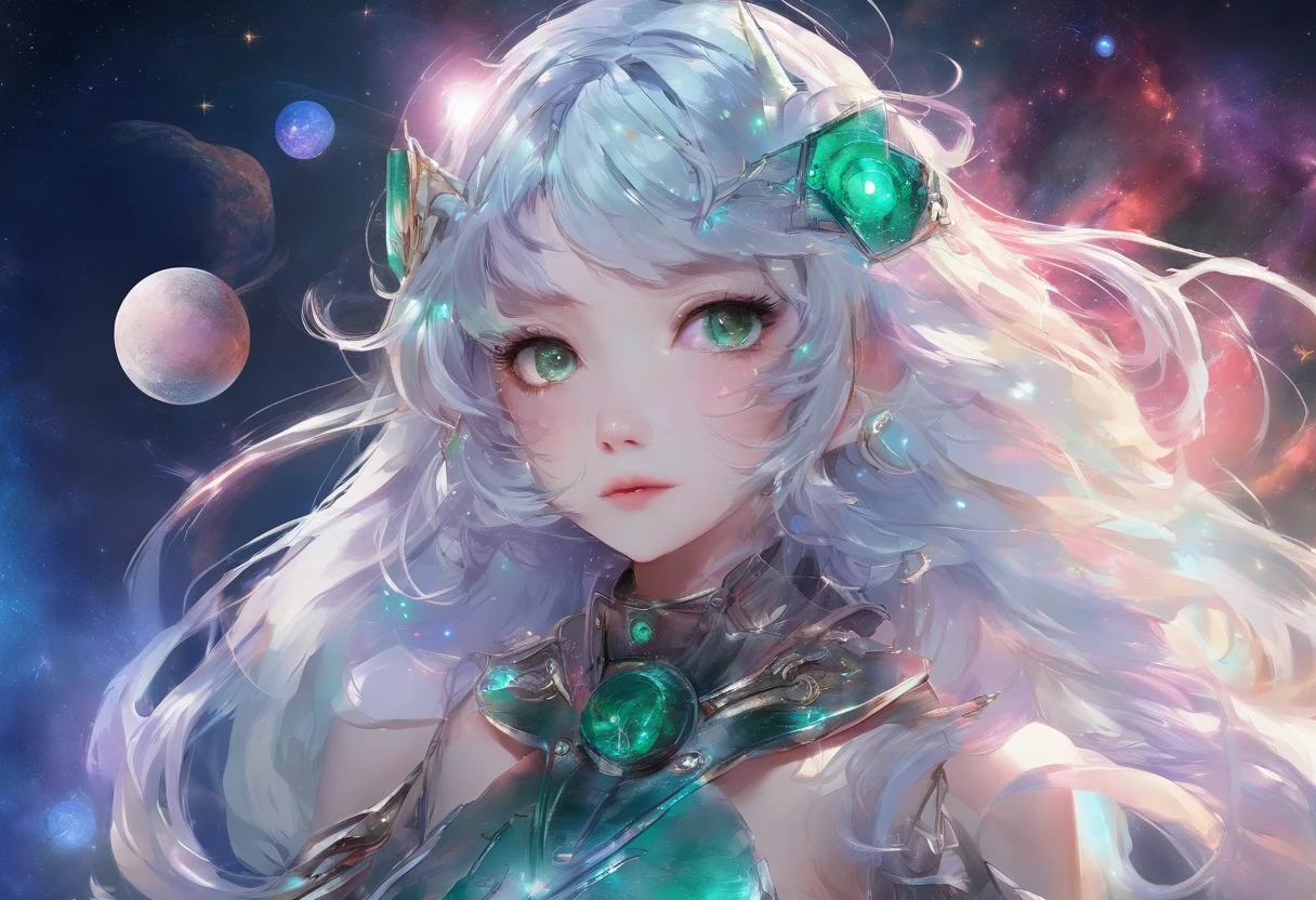 Fumikane Shimada, girl, Silver Hair, Golden Eyes, Rainbow Chiffon Dress, sacred, 長いSilver Hair(Gradation to emerald), mysterious, Small breasts、miniature painting