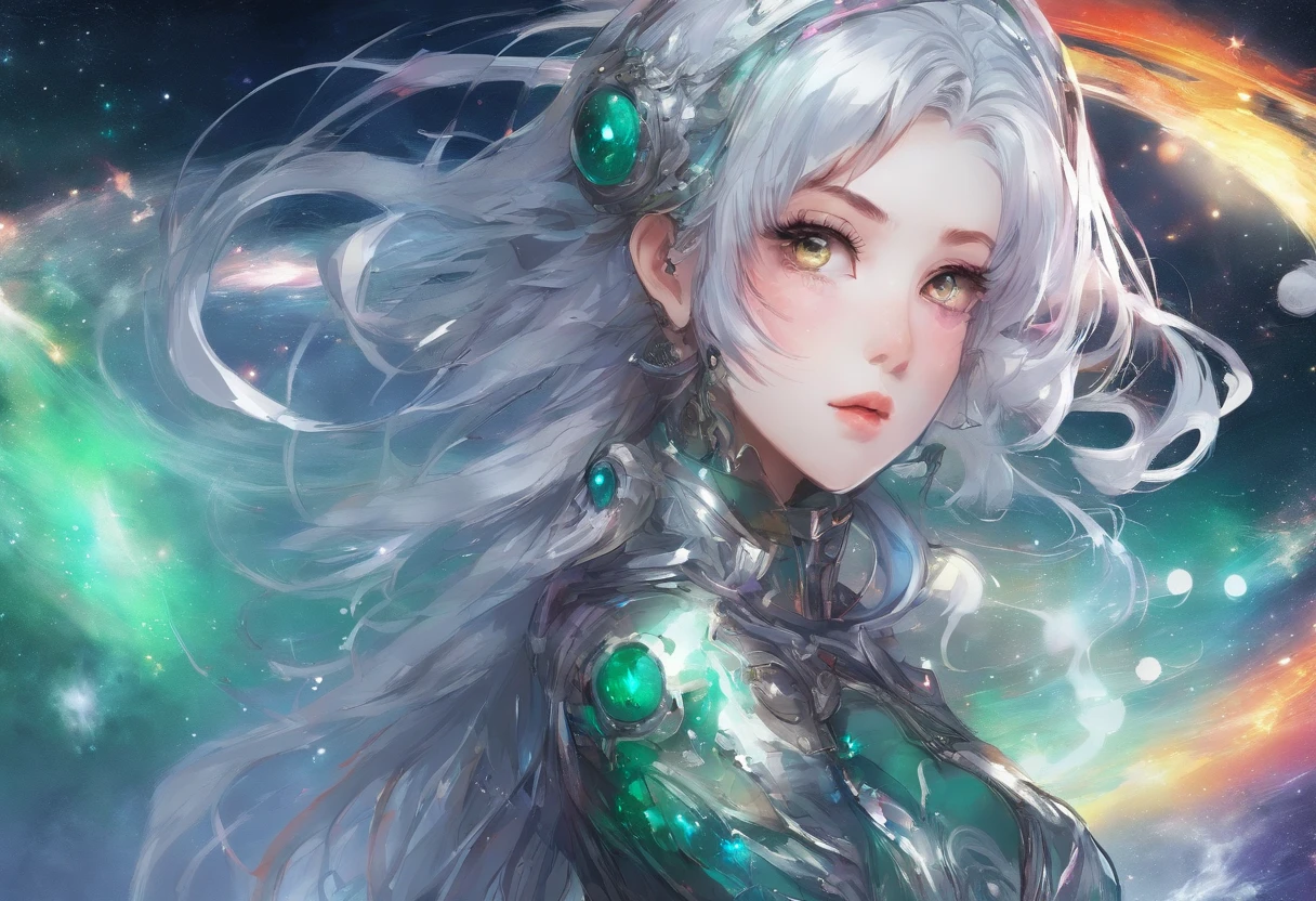 Fumikane Shimada, girl, Silver Hair, Golden Eyes, Rainbow Chiffon Dress, sacred, 長いSilver Hair(Gradation to emerald), mysterious, Small breasts、miniature painting