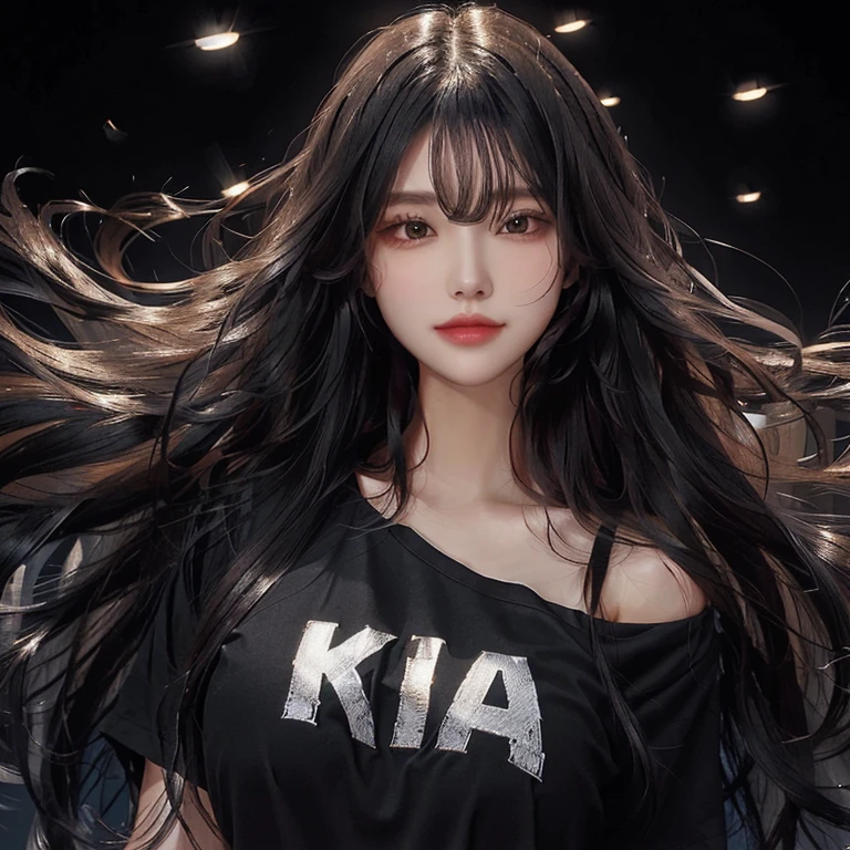a close up of a woman with long hair wearing a black shirt, style.