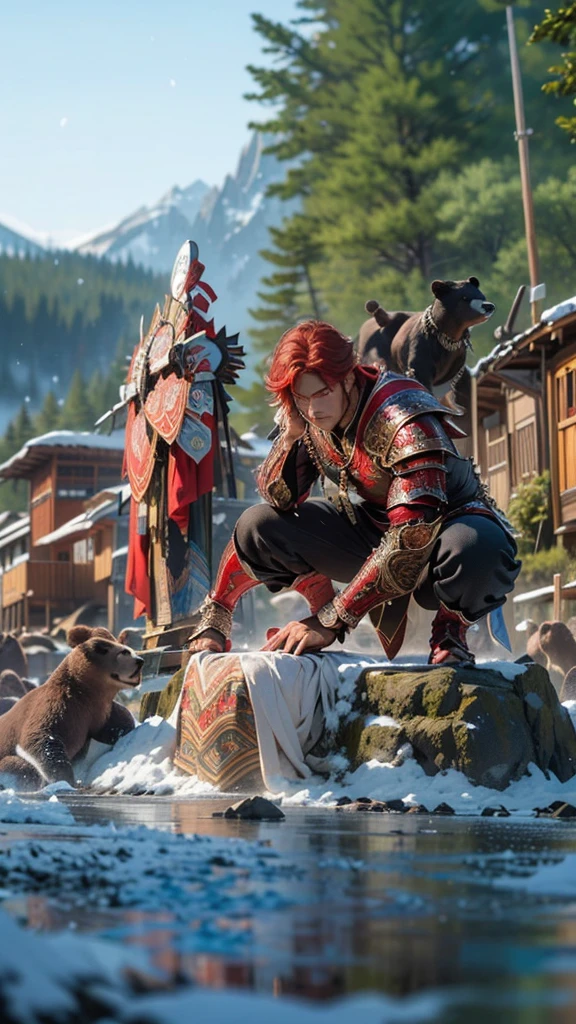 bear male, muscle, 1boy, big muscle, pectoral, muscular,(((red_eyes:1.3))),intricate eyes,beautiful detailed eyes,symmetrical eyes,
(((warrior bear,bear armor))),(((intricate outfit,intricate clothes,ornate outfit))),
(dynamic pose:1.0),angry,(centered,scale to fit dimensions,Rule of thirds),
((snowy mountain)),winter,scenery:1.25,((intricate scenery)),((snow mountain background)),
(Glossy tribal ornaments),highres,sharp focus,(ultra detailed,extremely detailed),(photorealistic artwork:1.37),(extremely detailed CG unity 8k wallpaper),(((vibrant colors,vibrant theme))),(intricate),(masterpiece),(best quality),artistic photography,(photography taken by sldr),(intricate background),perfect rendered face,perfect face details,realistic face,photo realistic,((intricate detail)),(((realism))),