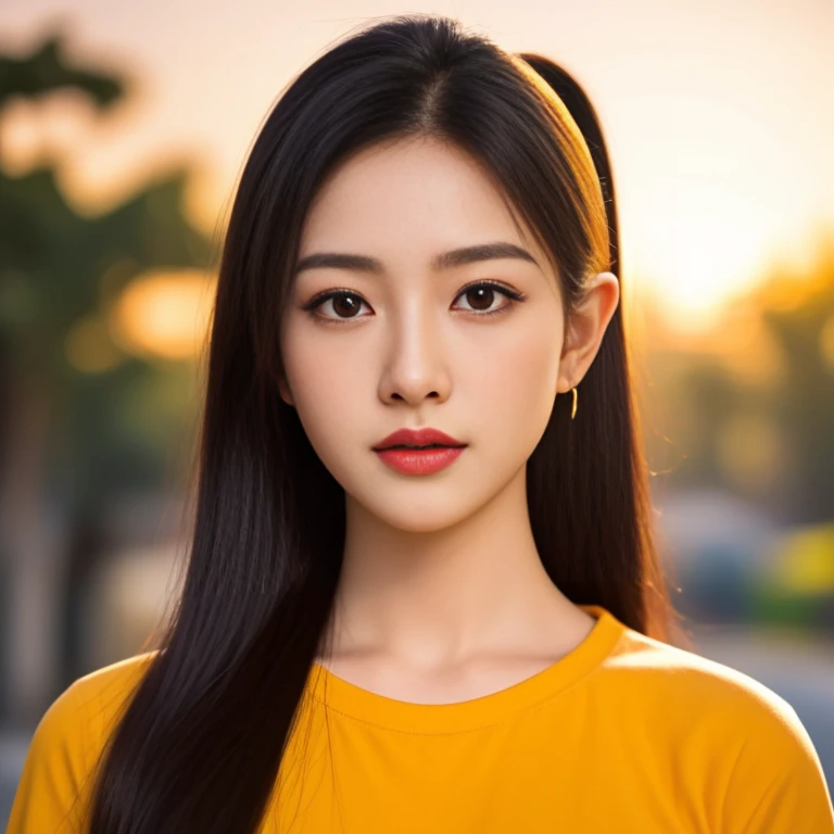 An Araf girl wears a red round-neck t-shirt., Portrait in the middle of a shot, Portrait 8 k, instagram post, Southeast Asians with round faces, Age 2 4 years, Thai anime,black hair, ponytail,Extra long hair 2 meters, With a torn cropped t-shirt, beautiful female model, Trending on cgstation, วัดChest 36 inches “Very large chest.,, Chest 36 inches “Very large chest., Beautiful digital artและงดงาม, Beautiful digital art
