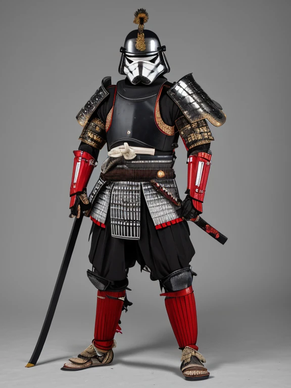 Japanese samurai wear masks ,Urban Samurai, epic image, Era,Frontal photo，Extremely meticulous，full armour，frontal photos，relaxing，No helmet，Bunched hair，Black armor，Broken armor，The body is not clean，bleed，Combat posture，((simple background)),gray background,，Standing posture，preparing to fight,stormtrooper, armor, helmet, bodysuit,