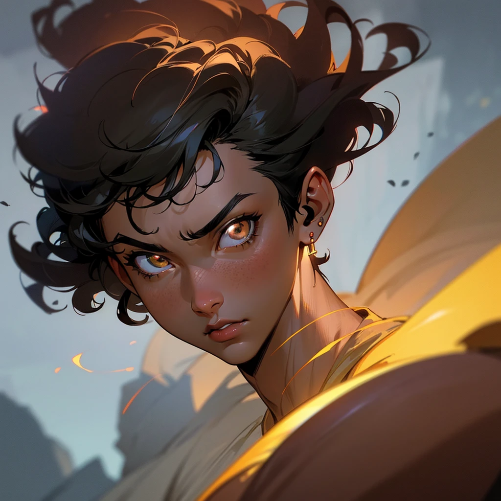 A black age boy, anime style, dark skin, short curly hair, black eyes, earring, extremely detailed face, detailed eyes and lips, dramatic lighting, cinematic scene, dynamic pose, vibrant colors, digital art, 8k, hyper realistic, photorealistic