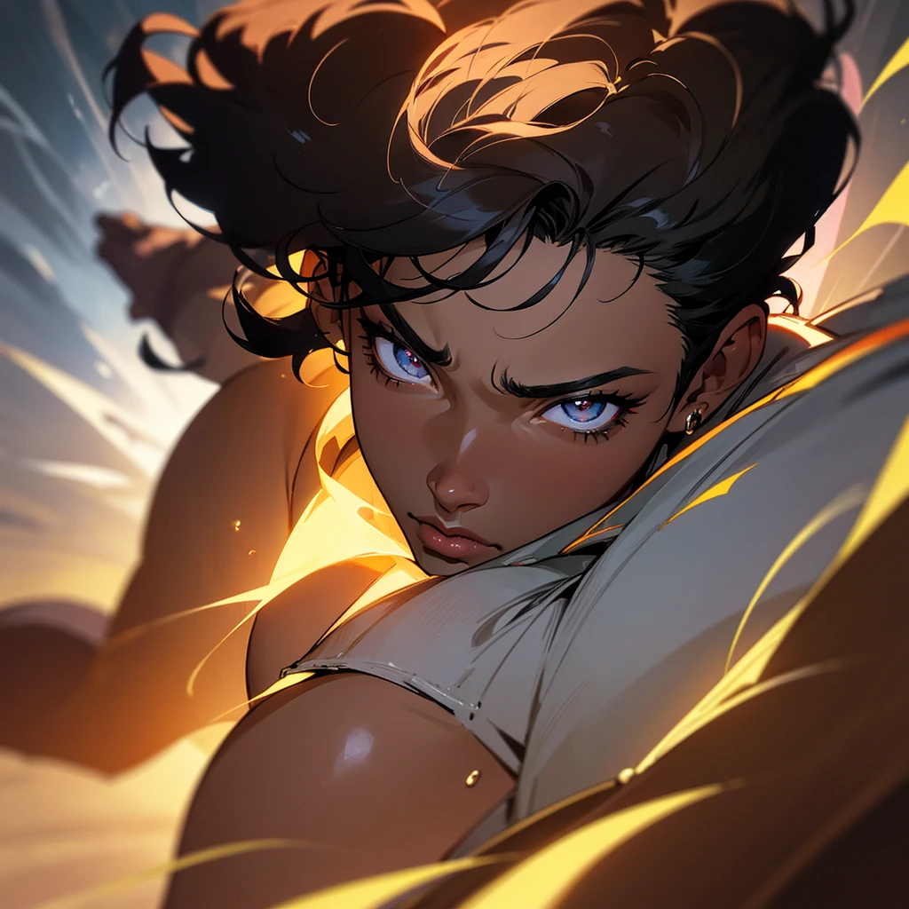 A black teenage boy, anime style, dark skin, short curly hair, black eyes, earring, extremely detailed face, detailed eyes and lips, dramatic lighting, cinematic scene, dynamic pose, vibrant colors, digital art, 8k, hyper realistic, photorealistic
