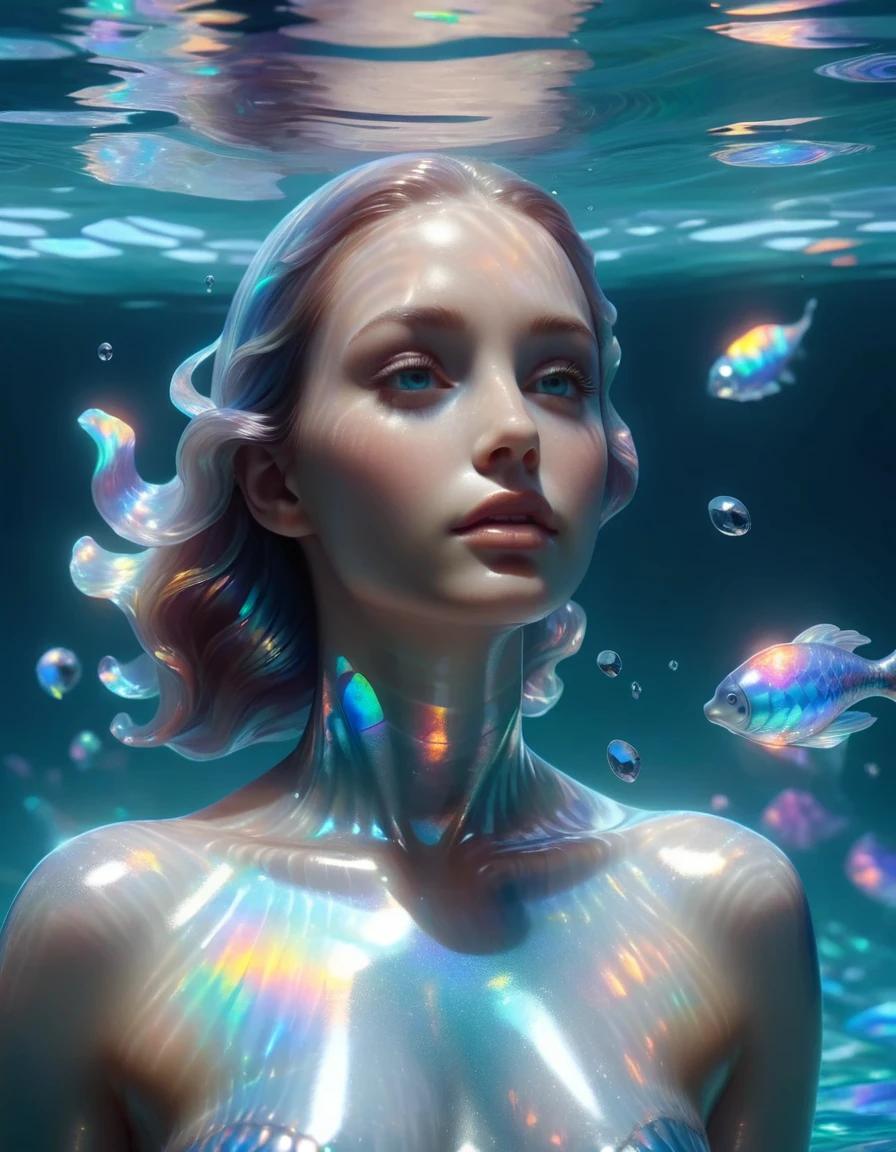 Beautiful woman,,Mermaid swimming in water,the body is transparent,Beautiful as crystal,Elegant appearance,Emits a healing aura., Holographic fabric that changes color and texture, Psychedelic patterns, Sparkling Illusions, Haute Couture Illusion, The Holo-Delirium Epidemic, An environment filled with constantly changing holographic projections and disorienting imagery.,detailed, ,