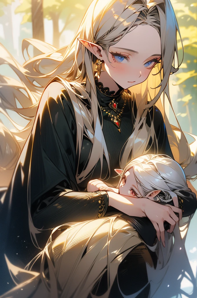 One gentleman、No breasts、Highly detailed eyes and face、Beautiful Elf、Long pointy ears、Porcelain Skin、Flowing silver hair、Elegant headdress、Glamorous golden jewels、Detailed clothing、Elegant black suit、Ethereal look、Mysterious forest background、Sunlight filtering through the leaves、Lush greenery、Bright colors、Intricate details、(Highest quality、8k、High resolution、masterpiece:1.2)、Super detailed、(Real、Photorealistic、Photorealistic:1.37)、Fantasy Art、Digital Painting、Cinematic lighting