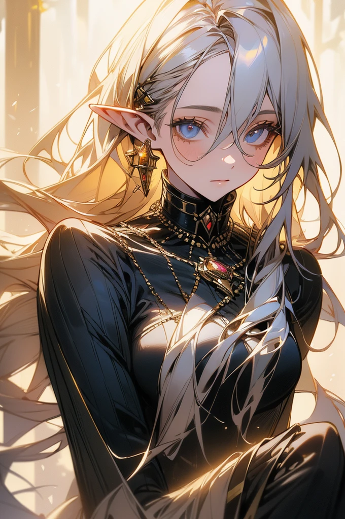 One gentleman、No breasts、Highly detailed eyes and face、Beautiful Elf、Long pointy ears、Porcelain Skin、Flowing silver hair、Elegant headdress、Glamorous golden jewels、Detailed clothing、Elegant black suit、Ethereal look、Mysterious forest background、Sunlight filtering through the leaves、Lush greenery、Bright colors、Intricate details、(Highest quality、8k、High resolution、masterpiece:1.2)、Super detailed、(Real、Photorealistic、Photorealistic:1.37)、Fantasy Art、Digital Painting、Cinematic lighting