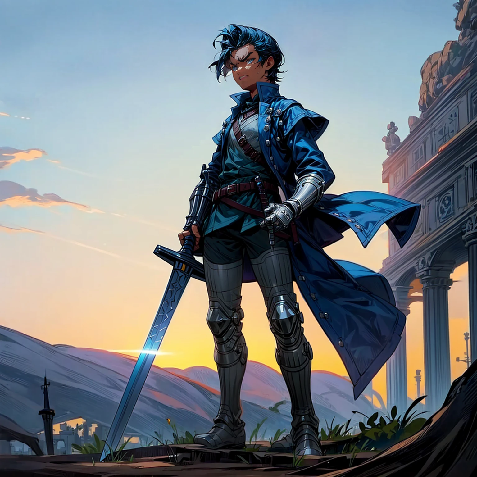 Solo character, full body version, young boy, blue eyes, blue color hair, short haircut, (dark skin), soldier roman clothing, boots, outdoor, town, ancient roman, twilight sky, detailed background, angry eyes, sword in hand, standing guard gesture