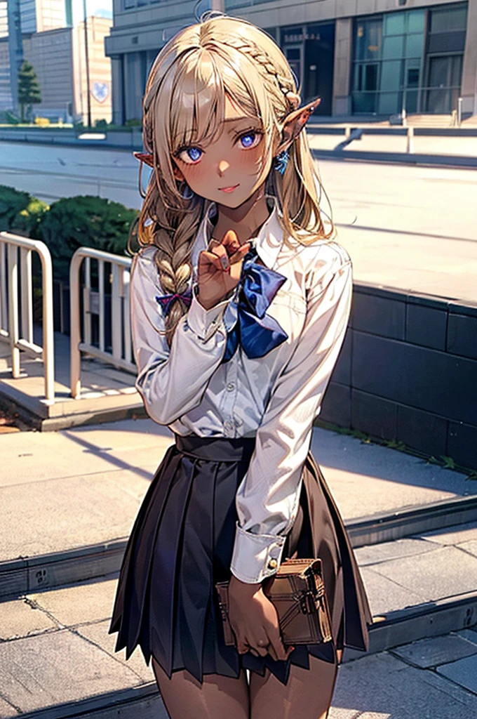 ((Highest quality)), ((masterpiece)), (detailed), (Perfect Anatomy), (cute), One girl, ((beautiful girl)), sexy, Braid,(Beige Hair), Blue Eyes, (((High school girls))), ((JK)), ((Gal)), Long sleeve shirt, (Dark Skin), (Wide eyes), ((Pointed Ears))