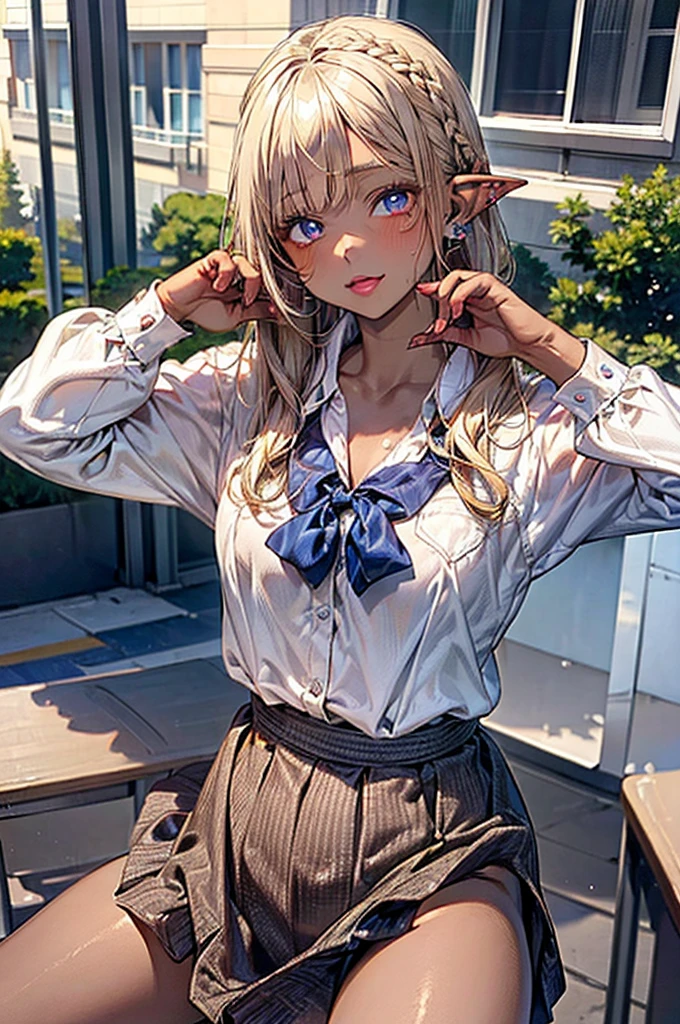 ((Highest quality)), ((masterpiece)), (detailed), (Perfect Anatomy), (cute), One girl, ((beautiful girl)), sexy, Braid,（Beige Hair), Blue Eyes, (((High school girls))), ((JK)), ((Gal)), Long sleeve shirt, (Dark Skin), (Wide eyes), ((Pointed Ears))