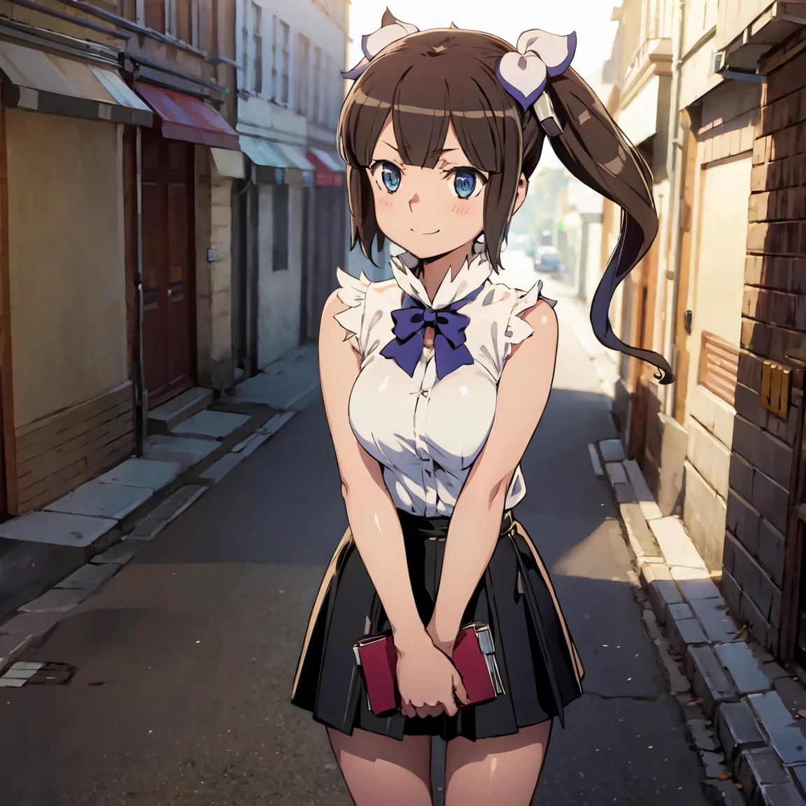 best quality, (masterpiece:1.2), highly detailed, standing, street,
1girl, solo, akatsuki minami,
looking at the viewer, closed mouth, smile, slight blush,
blue eyes, brown hair, ponytail, hair bow, sleeveless, ((dominant girl, latex skirt,  latex shirt))