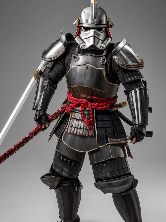 Japanese samurai wear masks ,Urban Samurai, epic image, Era,Frontal photo，Extremely meticulous，full armour，frontal photos，relaxing，No helmet，Bunched hair，Black armor，Broken armor，The body is not clean，bleed，Combat posture，((simple background)),gray background,，Standing posture，preparing to fight,stormtrooper, armor, helmet, 