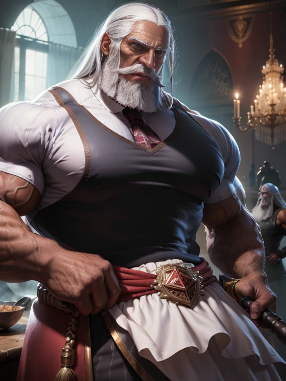 Muscular old security guard with open mouth and long greying hair,big nose, JP, ((very dark skin)), (black skin), He wears a long-sleeved turtleneck sweater,He had sad eyes in his eyes,Grievanced frown, blue charming eyes,Tall and burly,musculous!Tall, Burly and strong, Extremely detailed depiction of faces,Exquisite facial features,super gain and cool, commission for high resolution, Attractive strong men,Luxurious warmth in burgundy tones,He was in the luxurious living room, Old man, JP, An award-winning original photo, ( brown skin color), long gray hair, full white beard, A wild muscular old man, (80 years old daddy:1.1), 1boy, Solo, (tanktop), (big shoulders), musculature, stubbles, dark skin, long grey hair, thick grey beard, Detailed face, (evil smile), blue eyes, veins, wrinkles, big old man nose, nose with pronounced bridge and outward curve that protrudes from the base of the nose, dark olive skin color, brown skin, veins, absurdly huge nose, hawk nose, convex nose, well groomed moustache, (flexing his biceps), Dynamic Angle, volumetric lighting, (Best quality, A high resolution, Photorealistic), Cinematic lighting, Masterpiece, RAW photo, Intricate details, hdr, upper body shot